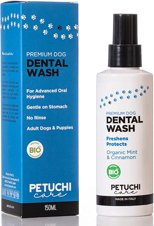 PETUCHI Spray Pasta de dinti si Odorizant pentru caini si catei; 100% organic cu scortisoara si mentol; 150 ml