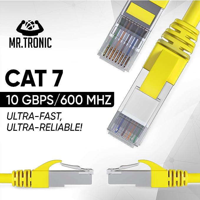 Mr. Tronic Cablu de rețea Ethernet Cat 7 de 20 m, cablu de rețea LAN cu porturi RJ45 pentru conexiune la internet rapidă și fiabilă, cablu de corecție AWG24 Cat 7, 10 Gbps SFTP CCA (20 metri, galben)