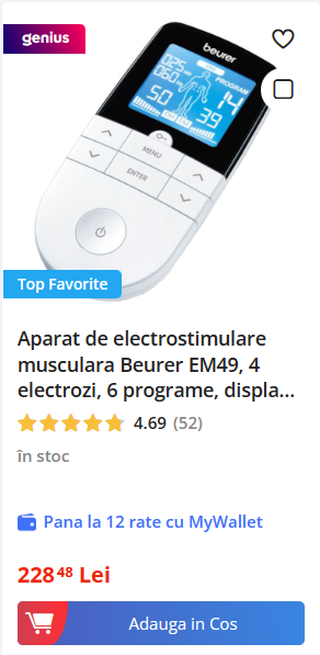 Aparat de electrostimulare musculara Beurer EM49, 4 electrozi, 6 programe, display Led, Alb