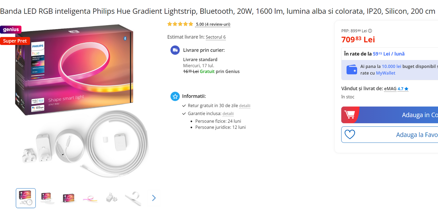 Banda LED RGB Smart Philips Hue Gradient Lightstrip, Bluetooth, 20W, 1600 lm, lumina alba si colorata, IP20, Silicon, 200 cm