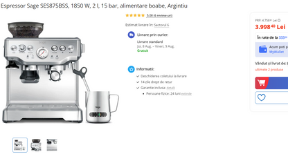 Espressor Sage SES875BSS, 1850 W, 2 l, 15 bar, alimentare boabe, Argintiu